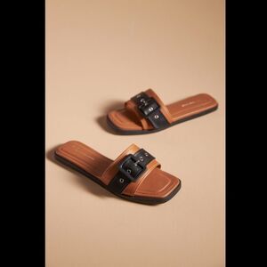 Anthropologie Tan and Black Buckle Slide Sandals